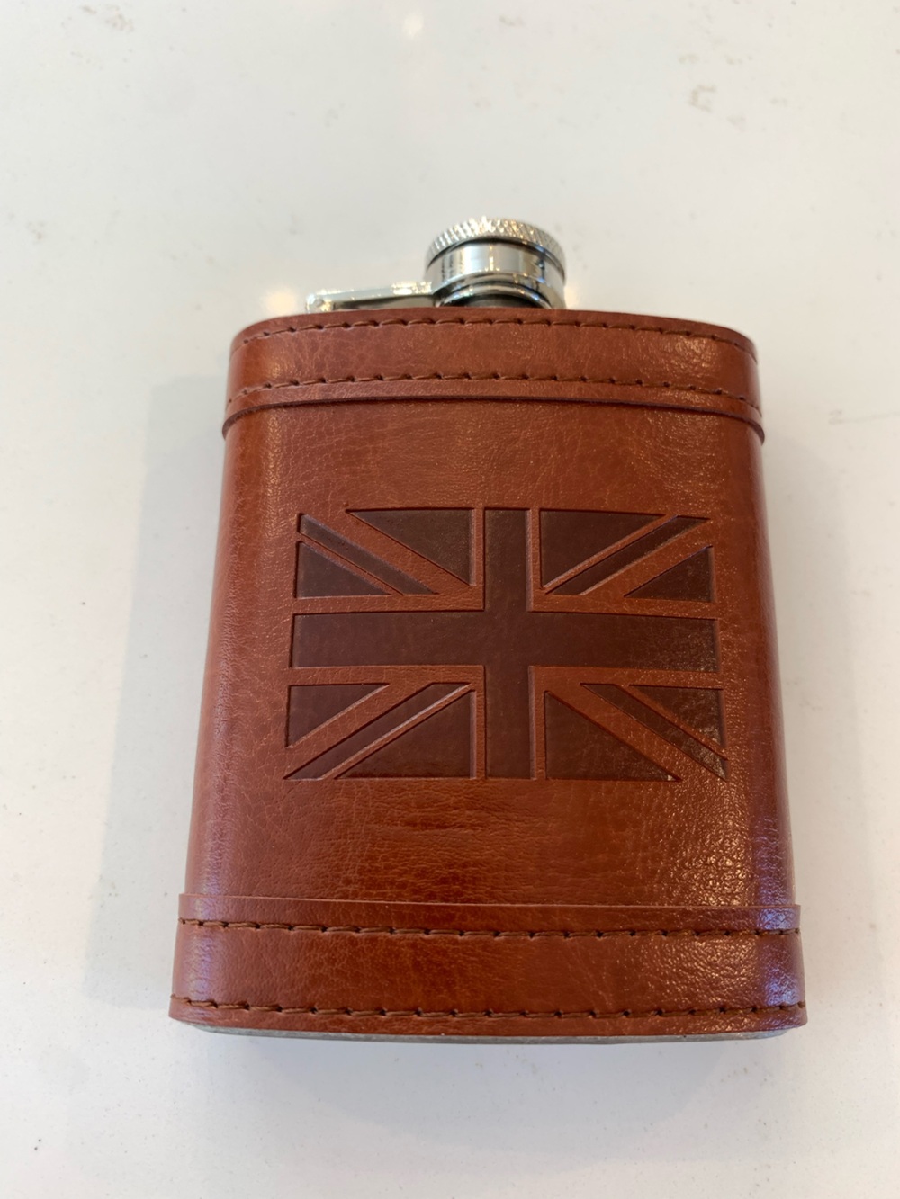 Flask 8oz Stainless Steel with Brown Leather Union Jack Flag Unused.
